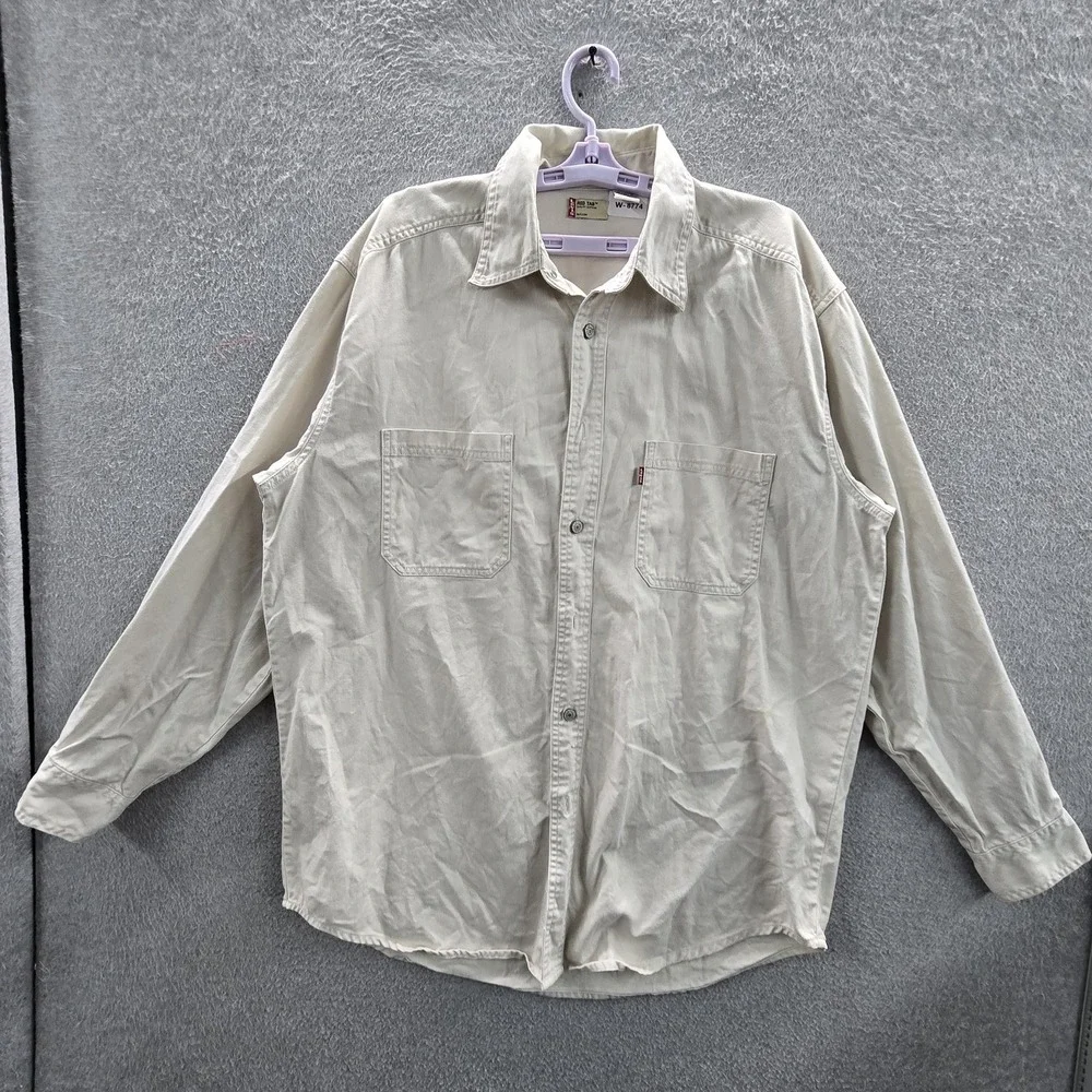 VINTAGE Levi's Red Tab Men Button Up Shirt M Beige Twill Logo Long Sleeve Y2K